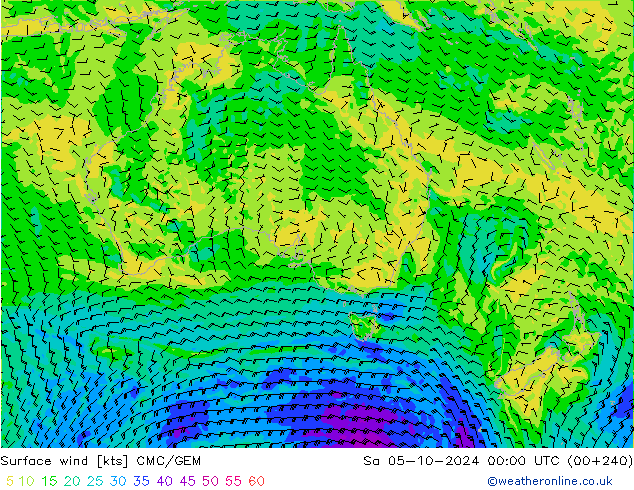 Vent 10 m CMC/GEM sam 05.10.2024 00 UTC