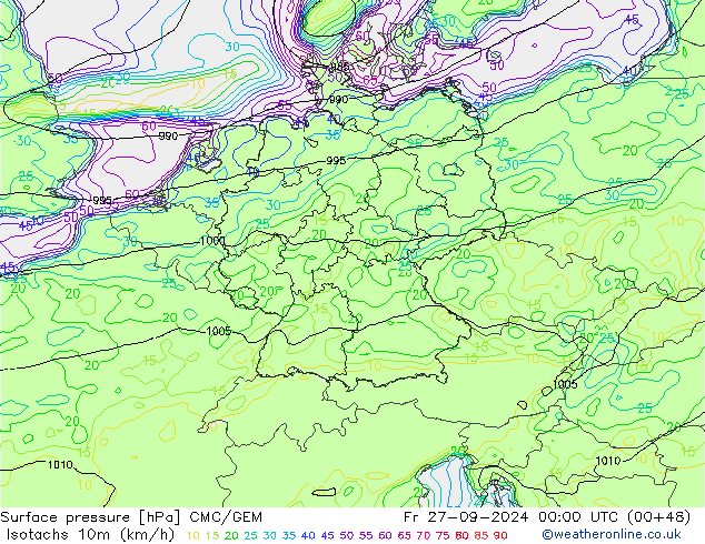 Isotachs (kph) CMC/GEM Fr 27.09.2024 00 UTC