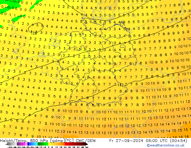 Hoogte/Temp. 850 hPa CMC/GEM vr 27.09.2024 06 UTC