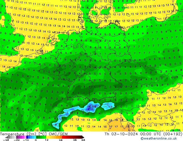 Temperatura (2m) CMC/GEM jue 03.10.2024 00 UTC