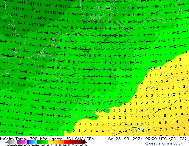 Yükseklik/Sıc. 700 hPa CMC/GEM Cts 28.09.2024 00 UTC