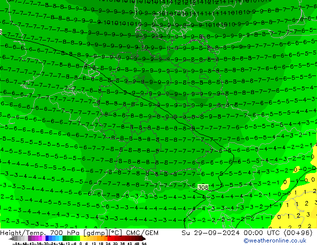 Height/Temp. 700 hPa CMC/GEM nie. 29.09.2024 00 UTC