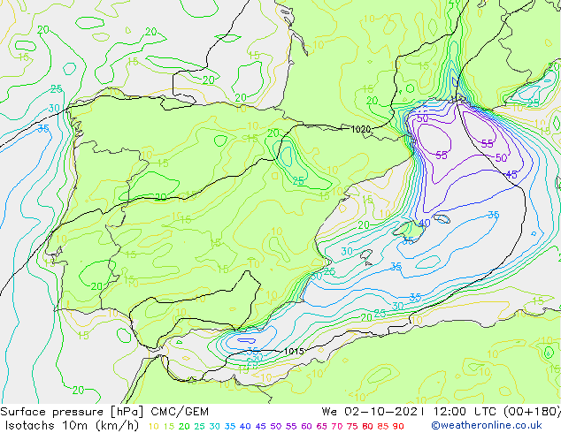 Isotachs (kph) CMC/GEM We 02.10.2024 12 UTC