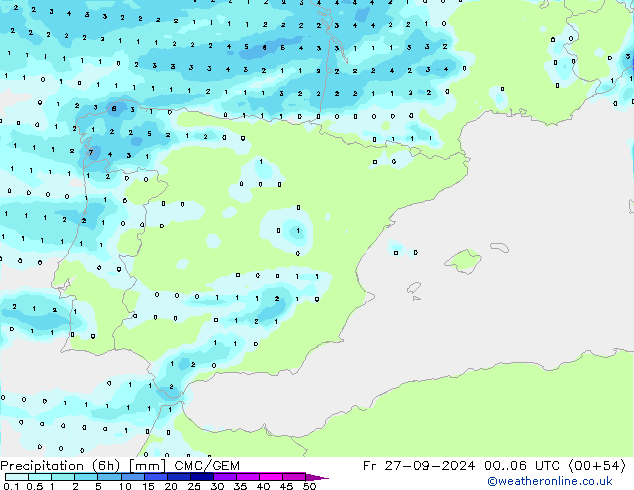 Totale neerslag (6h) CMC/GEM vr 27.09.2024 06 UTC