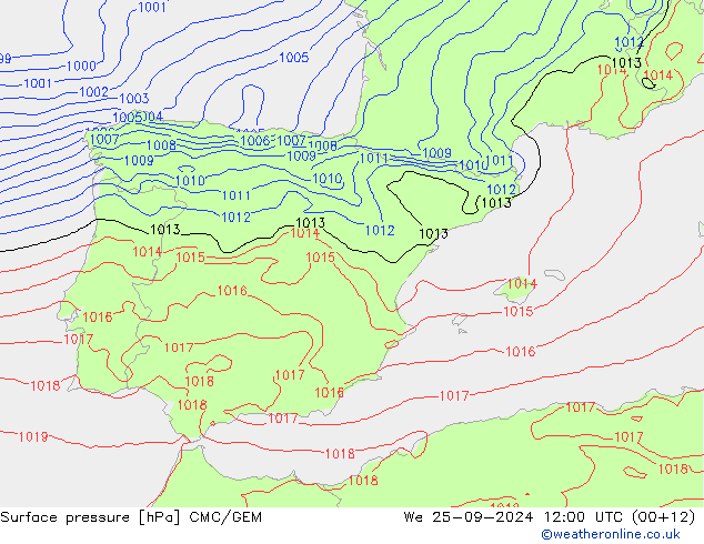 Atmosférický tlak CMC/GEM St 25.09.2024 12 UTC