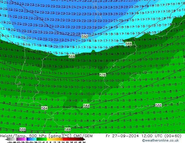 Height/Temp. 500 гПа CMC/GEM пт 27.09.2024 12 UTC