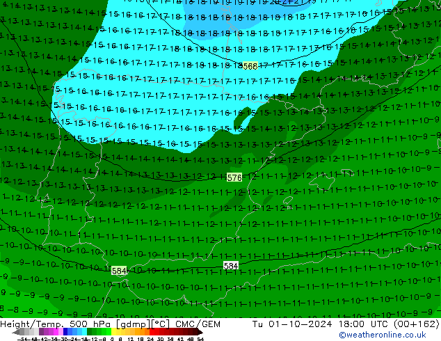 Height/Temp. 500 гПа CMC/GEM вт 01.10.2024 18 UTC