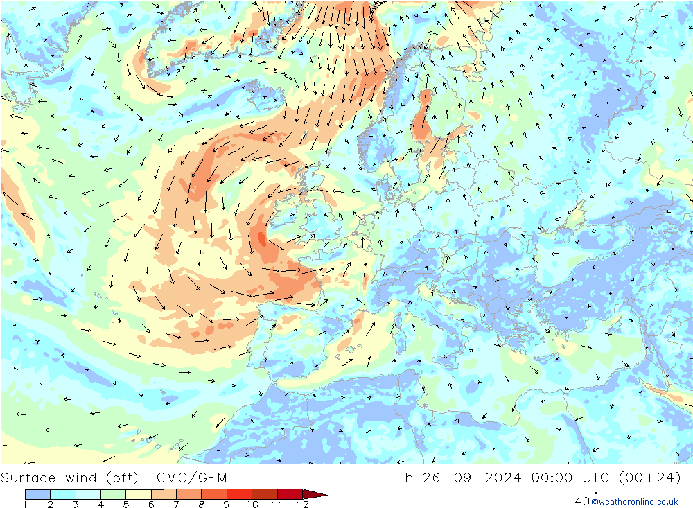 Surface wind (bft) CMC/GEM Th 26.09.2024 00 UTC