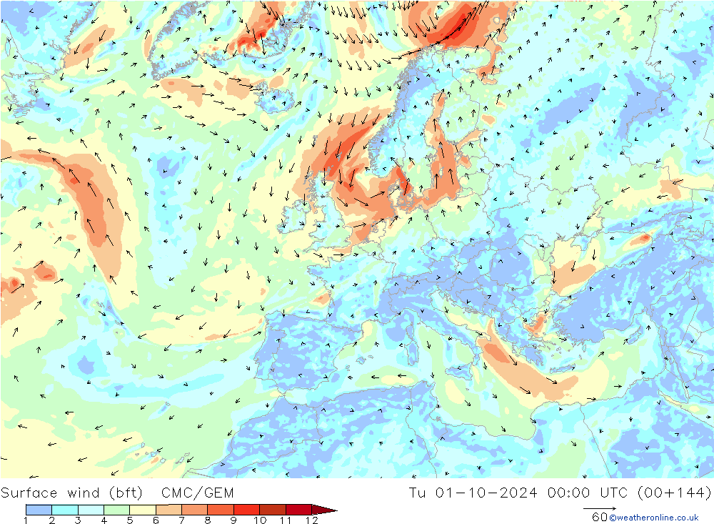 Vent 10 m (bft) CMC/GEM mar 01.10.2024 00 UTC