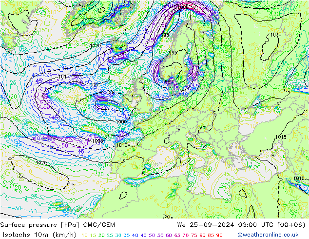 Isotachs (kph) CMC/GEM mer 25.09.2024 06 UTC