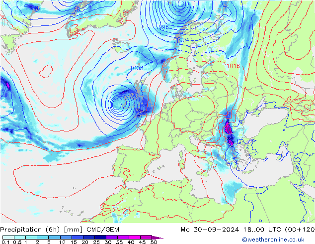 Precipitation (6h) CMC/GEM Mo 30.09.2024 00 UTC