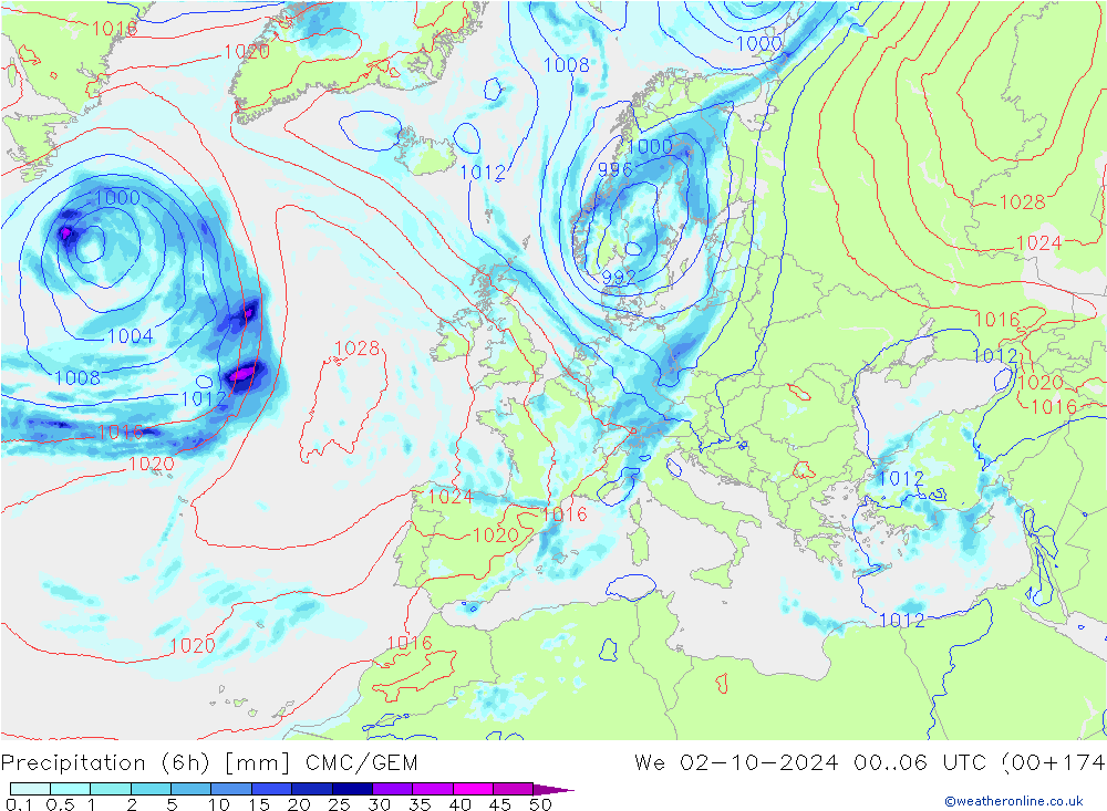 осадки (6h) CMC/GEM ср 02.10.2024 06 UTC