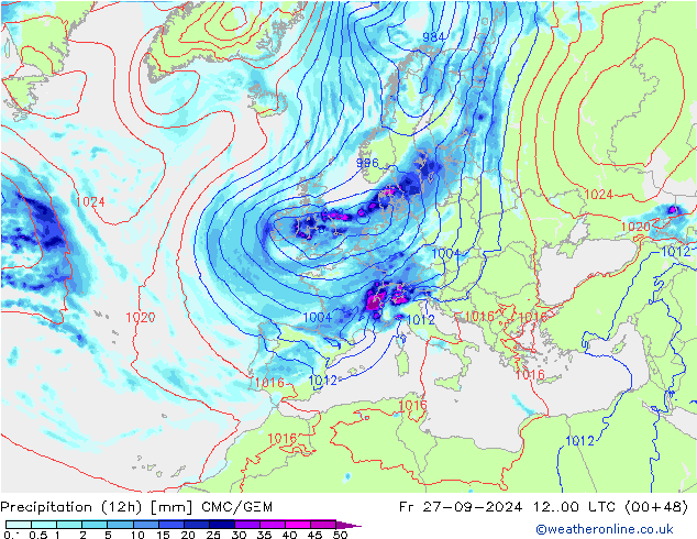 Precipitation (12h) CMC/GEM Fr 27.09.2024 00 UTC