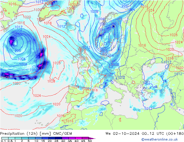 Precipitation (12h) CMC/GEM We 02.10.2024 12 UTC