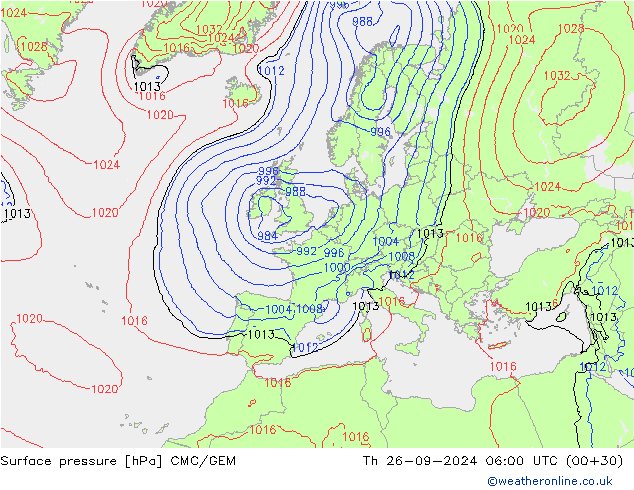 Surface pressure CMC/GEM Th 26.09.2024 06 UTC