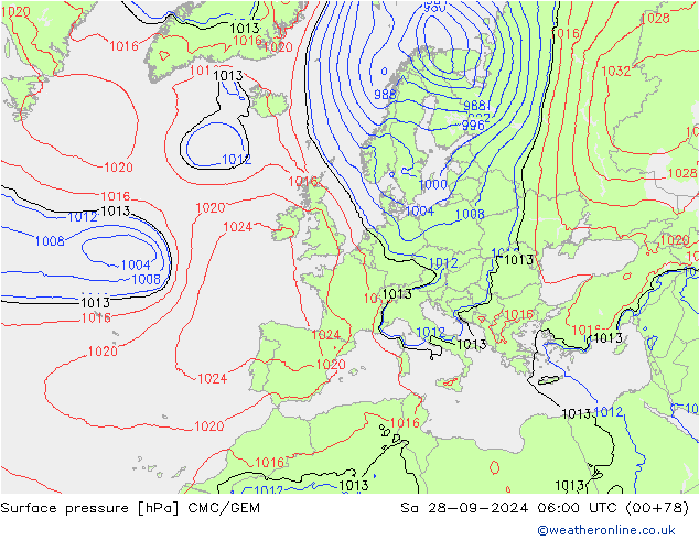 Surface pressure CMC/GEM Sa 28.09.2024 06 UTC