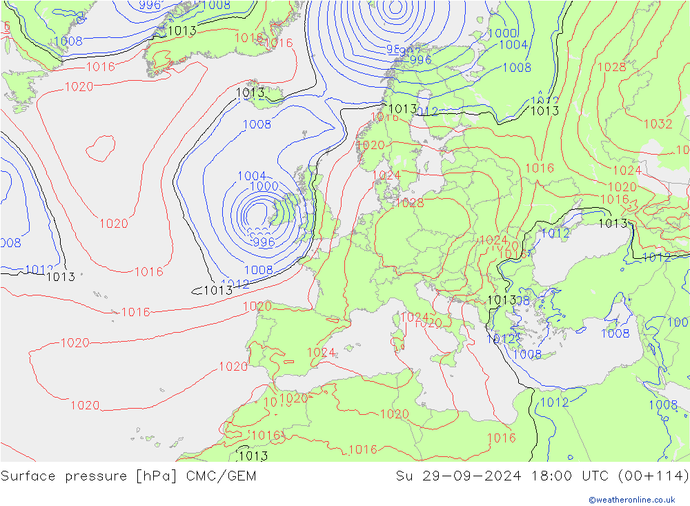 Surface pressure CMC/GEM Su 29.09.2024 18 UTC