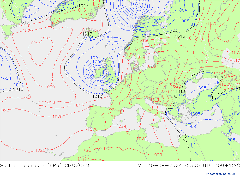 Atmosférický tlak CMC/GEM Po 30.09.2024 00 UTC