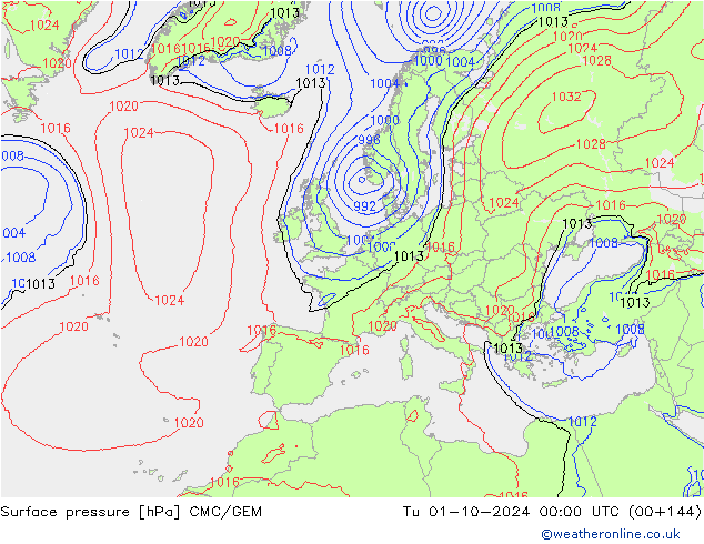 Surface pressure CMC/GEM Tu 01.10.2024 00 UTC