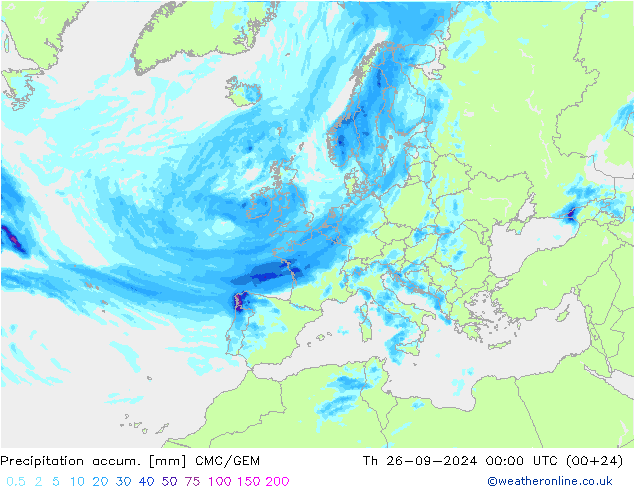 Precipitation accum. CMC/GEM czw. 26.09.2024 00 UTC