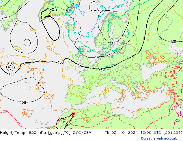 Yükseklik/Sıc. 850 hPa CMC/GEM Per 03.10.2024 12 UTC