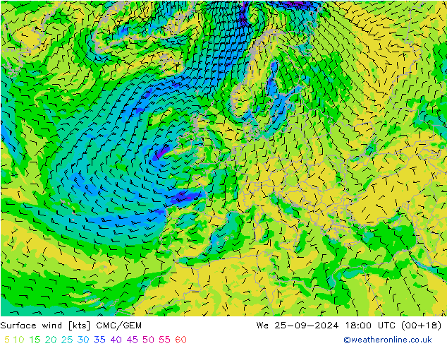 Vent 10 m CMC/GEM mer 25.09.2024 18 UTC