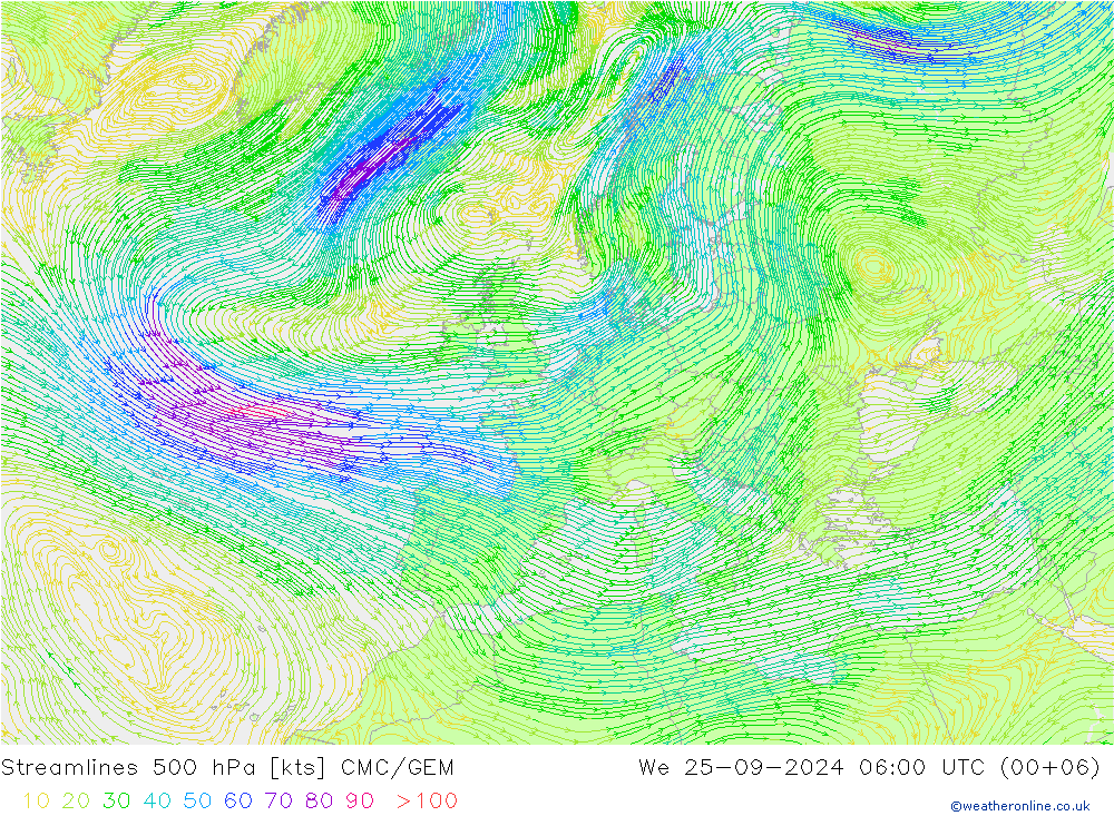 Línea de corriente 500 hPa CMC/GEM mié 25.09.2024 06 UTC