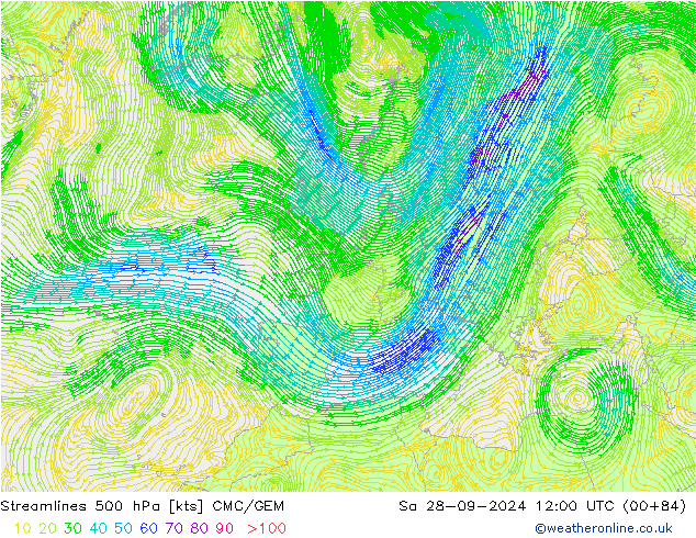 Streamlines 500 hPa CMC/GEM Sa 28.09.2024 12 UTC