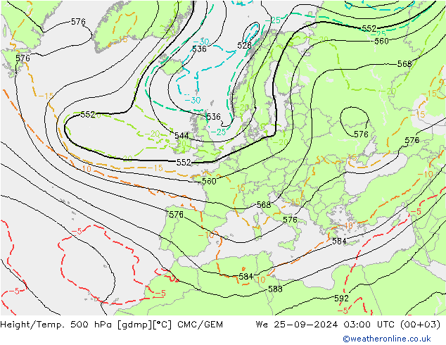 Yükseklik/Sıc. 500 hPa CMC/GEM Çar 25.09.2024 03 UTC