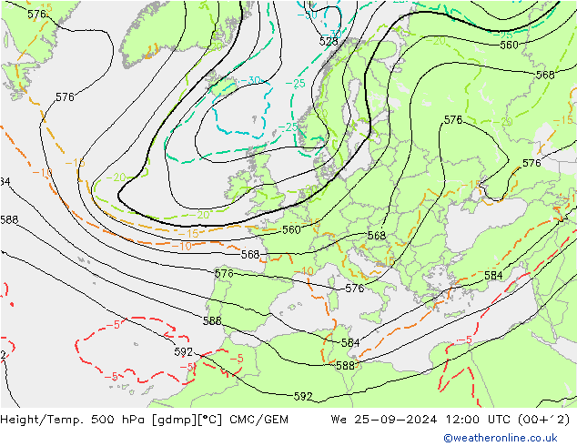 Height/Temp. 500 гПа CMC/GEM ср 25.09.2024 12 UTC