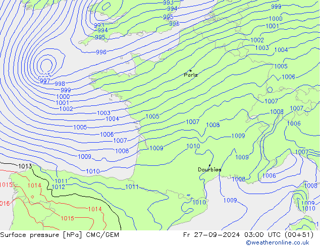 Luchtdruk (Grond) CMC/GEM vr 27.09.2024 03 UTC