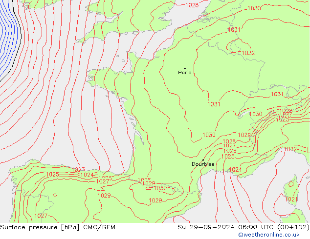 Surface pressure CMC/GEM Su 29.09.2024 06 UTC