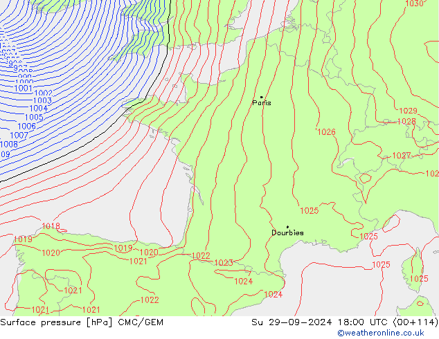 Surface pressure CMC/GEM Su 29.09.2024 18 UTC