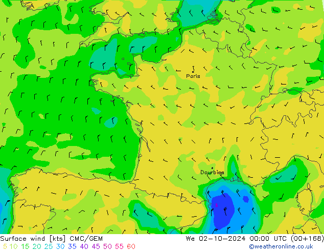 Surface wind CMC/GEM We 02.10.2024 00 UTC