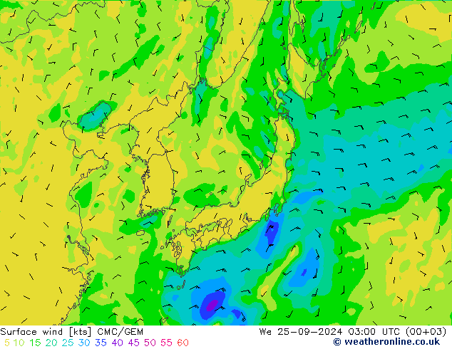 ветер 10 m CMC/GEM ср 25.09.2024 03 UTC