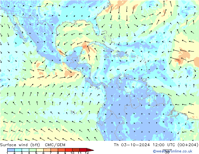 Surface wind (bft) CMC/GEM Čt 03.10.2024 12 UTC