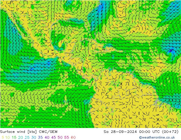 Viento 10 m CMC/GEM sáb 28.09.2024 00 UTC