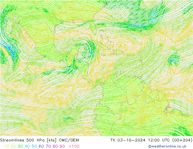 Linia prądu 500 hPa CMC/GEM czw. 03.10.2024 12 UTC