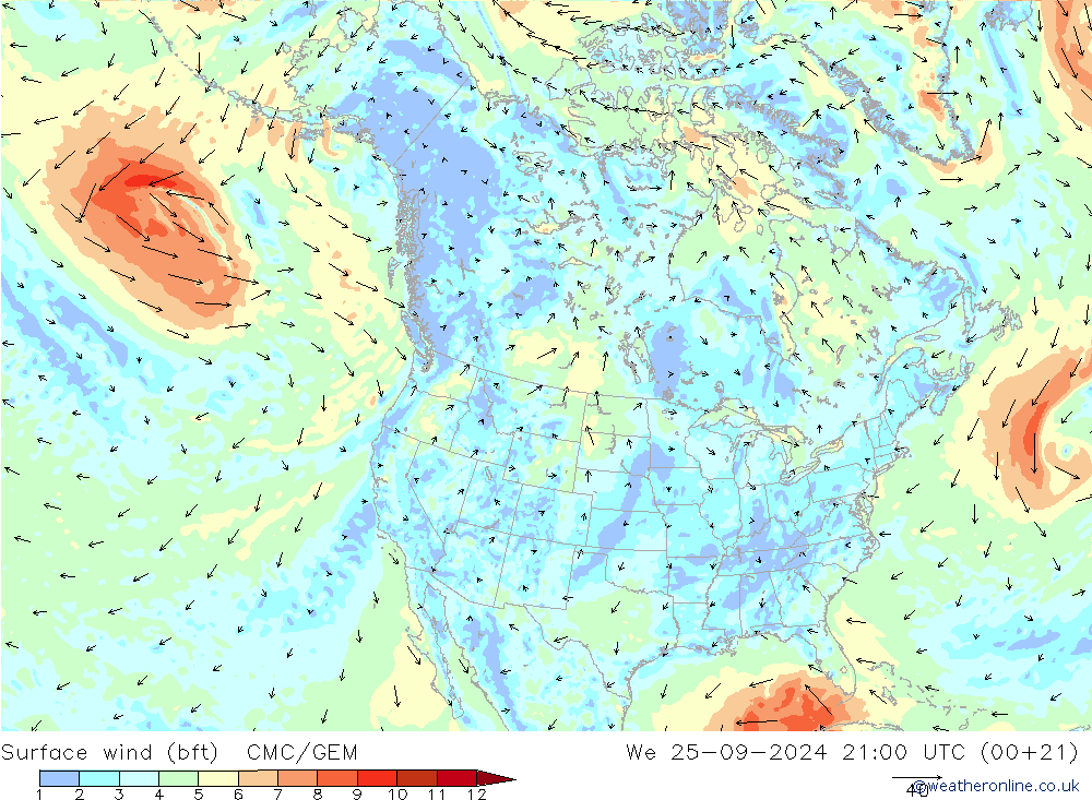 wiatr 10 m (bft) CMC/GEM śro. 25.09.2024 21 UTC