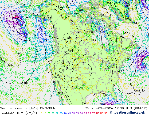 Isotachen (km/h) CMC/GEM wo 25.09.2024 12 UTC