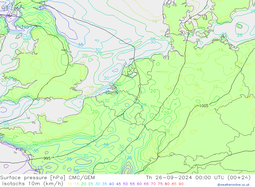 Isotaca (kph) CMC/GEM jue 26.09.2024 00 UTC