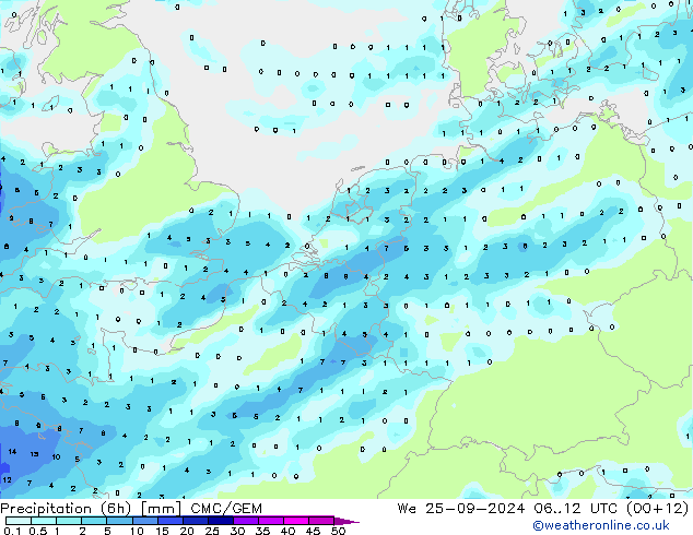 Precipitation (6h) CMC/GEM We 25.09.2024 12 UTC