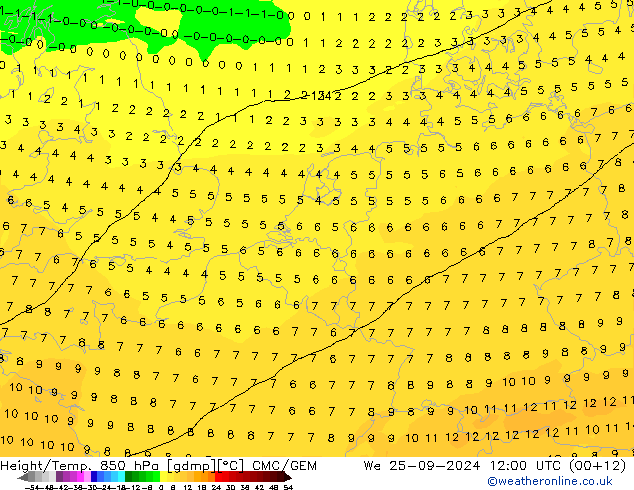 Height/Temp. 850 hPa CMC/GEM We 25.09.2024 12 UTC