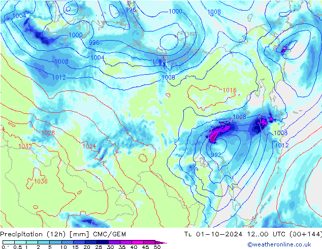 Totale neerslag (12h) CMC/GEM di 01.10.2024 00 UTC