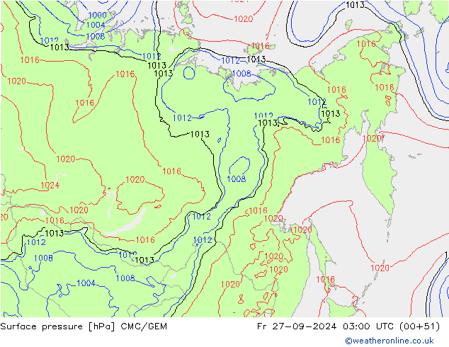 Surface pressure CMC/GEM Fr 27.09.2024 03 UTC