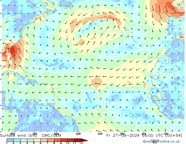 Rüzgar 10 m (bft) CMC/GEM Cu 27.09.2024 06 UTC