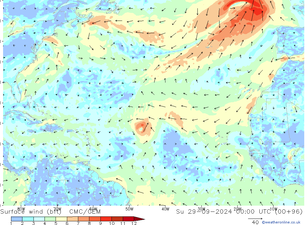 Surface wind (bft) CMC/GEM Su 29.09.2024 00 UTC