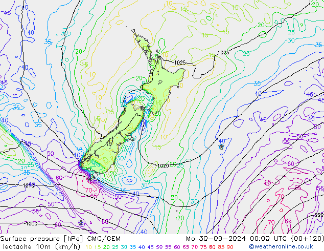 Isotaca (kph) CMC/GEM lun 30.09.2024 00 UTC