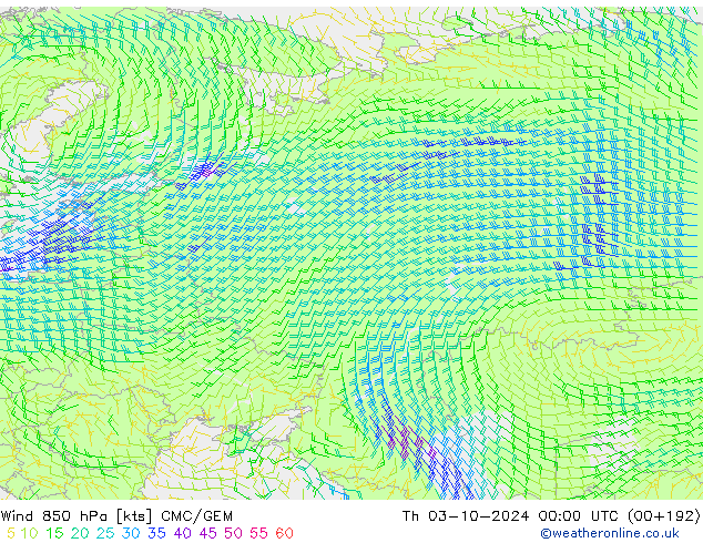 Wind 850 hPa CMC/GEM Th 03.10.2024 00 UTC