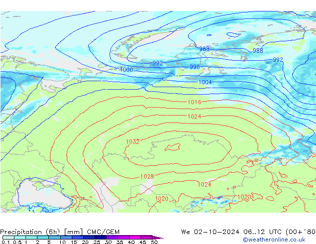 Precipitación (6h) CMC/GEM mié 02.10.2024 12 UTC